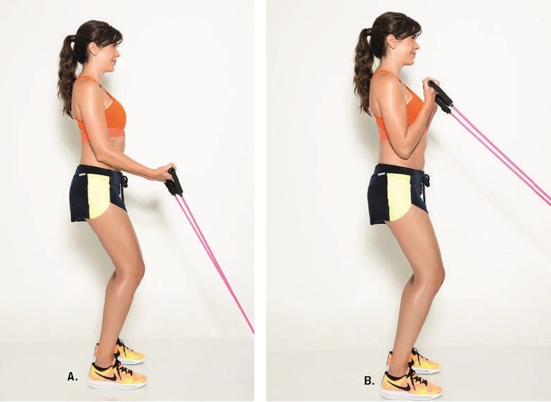 A.&nbsp;Prenda o el&aacute;stico o mais baixo que conseguir e segure as abas com as palmas viradas para o teto. Os cotovelos ficam semiflexionados e encostados na costela B.&nbsp;Flexione os bra&ccedil;os, trazendo as m&atilde;os &agrave; frente do peitoral. N&atilde;o deixe o punho entortar.