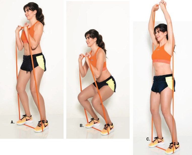 A.&nbsp;Pise em cima da superband e segure a outra extremidade com as palmas viradas para a frente e os cotovelos flexionados e um pouco abertos B.&nbsp;Agache 90˚C.&nbsp;Retorne &agrave; posi&ccedil;&atilde;o inicial e eleve os bra&ccedil;os.