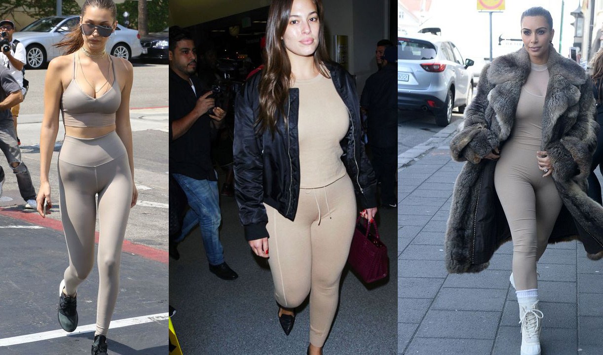 Bella Hadid, Ashley Graham e Kim Kardashian em montagem de fotos usando legging nude