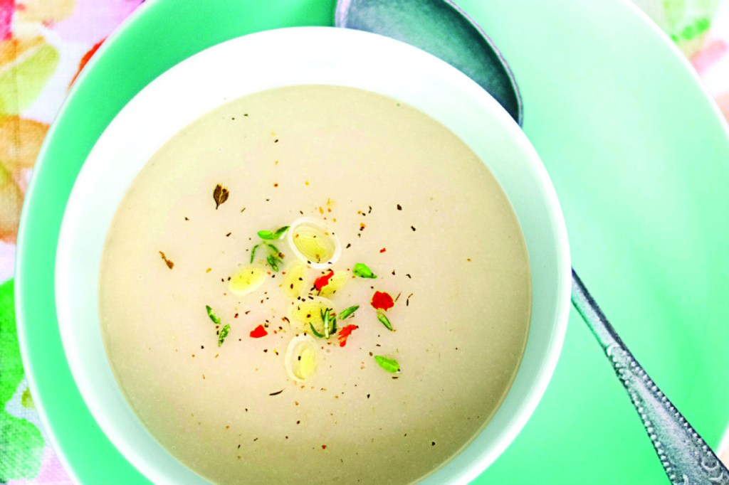 Creme de alho-poró fit com batata-doce e biomassa de banana verde