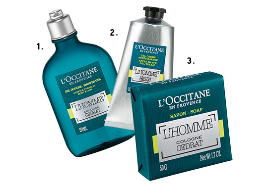 1. Sabonete Líquido Cedrat L’Homme, R$ 88;  2. Creme Pós-Barba Cedrat L’Homme, R$ 144 e   <span>3. Sabonete em Barra Cedrat L’Homme, R$ 20</span>, todos <a href="https://www.loccitane.com.br" target="_blank" rel="noopener">L’Occitane en Provence</a> (preços pesquisados em julho de 2017)