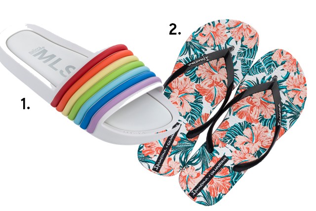 1. Slide, <a href="https://www.melissa.com.br/" target="_blank" rel="noopener">Melissa</a>, R$ 150; 2.&nbsp;Chinelo, <a href="https://ipanema.lojagrendene.com.br/" target="_blank" rel="noopener">Ipanema + Cia. Mar&iacute;tima</a>, R$ 40 (pre&ccedil;os pesquisados em novembro de 2017)