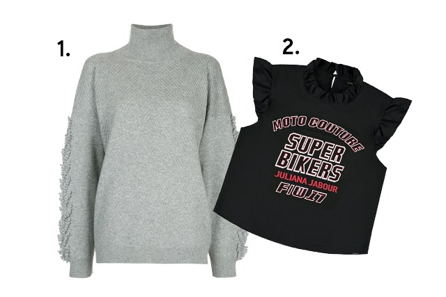1. Su&eacute;ter, Barrie, &agrave; venda na <a href="https://www.farfetch.com/br/" target="_blank" rel="noopener">Farfetch</a>, R$ 7137; 2. Blusa, <a href="https://www.lezalez.com/" target="_blank" rel="noopener">Lez a Lez</a>, R$ 259 (pre&ccedil;os pesquisados em novembro de 2017)