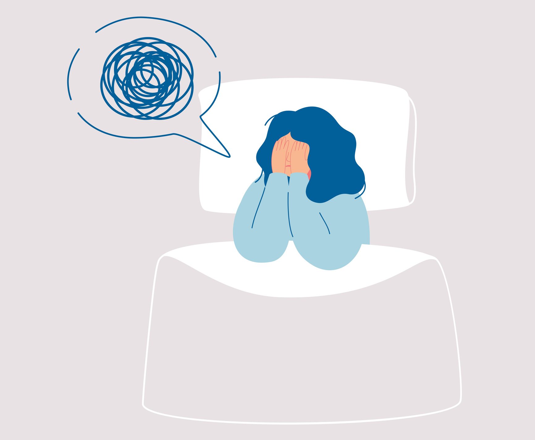 Girl insomniac has confused thoughts in her mind at night, covering her face with her hands