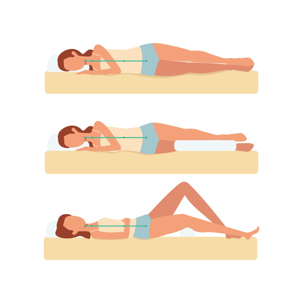 A set of correct and right positions and postures of a woman body for sleeping. .