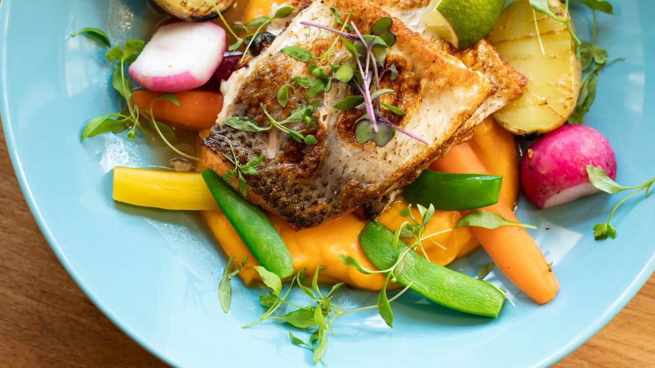 Foto ilustrativa para matéria sobre dieta pescetariana. Imagem mostra um prato com salmão grelhado e vegetais.