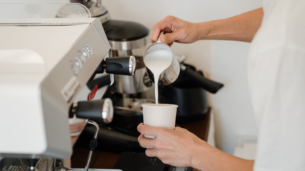 barista despejando leite em uma caneca