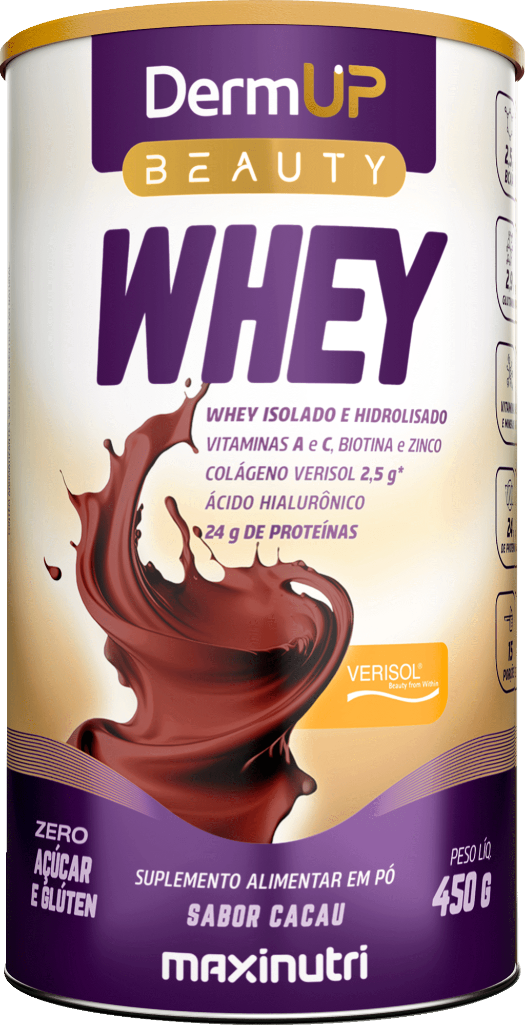 Lata de suplemento DermUP Beauty Whey sabor cacau, 450g, com r&oacute;tulo branco e detalhes roxos. Exibe um splash de chocolate e informa&ccedil;&otilde;es como "Whey Isolado e Hidrolisado", "Zero A&ccedil;&uacute;car e Gl&uacute;ten", "24g de Prote&iacute;nas" e "Col&aacute;geno Verisol"