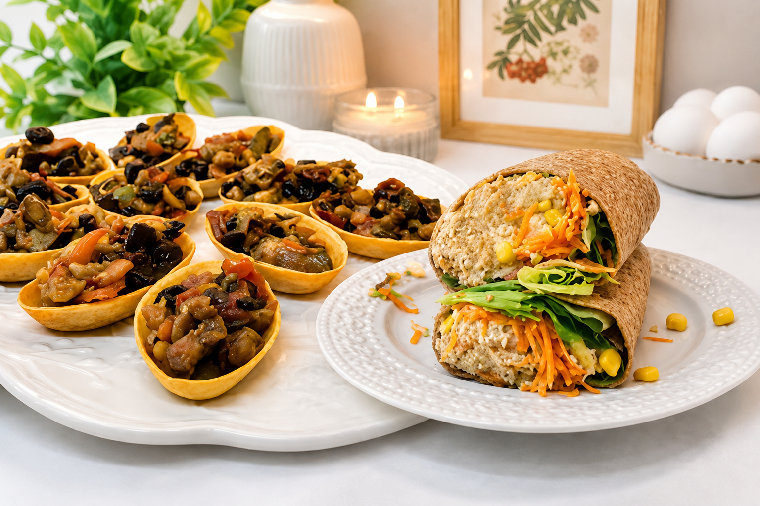 Uma travessa branca com barquinhas de massa recheadas com caponata de berinjela e um prato com dois wraps de frango desfiado, milho e cenoura ralada. Ao fundo, uma planta verde, uma vela acesa e um quadro com gravura de frutas vermelhas