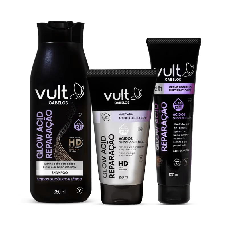 Kit Vult Cabelos Glow Acid Repara&ccedil;&atilde;o com shampoo de 350ml, m&aacute;scara acidificante de 150ml e creme noturno multifuncional de 100ml, todos em embalagens pretas com detalhes roxos e brancos, indicando pH 4.5-5.5 e tecnologia HD