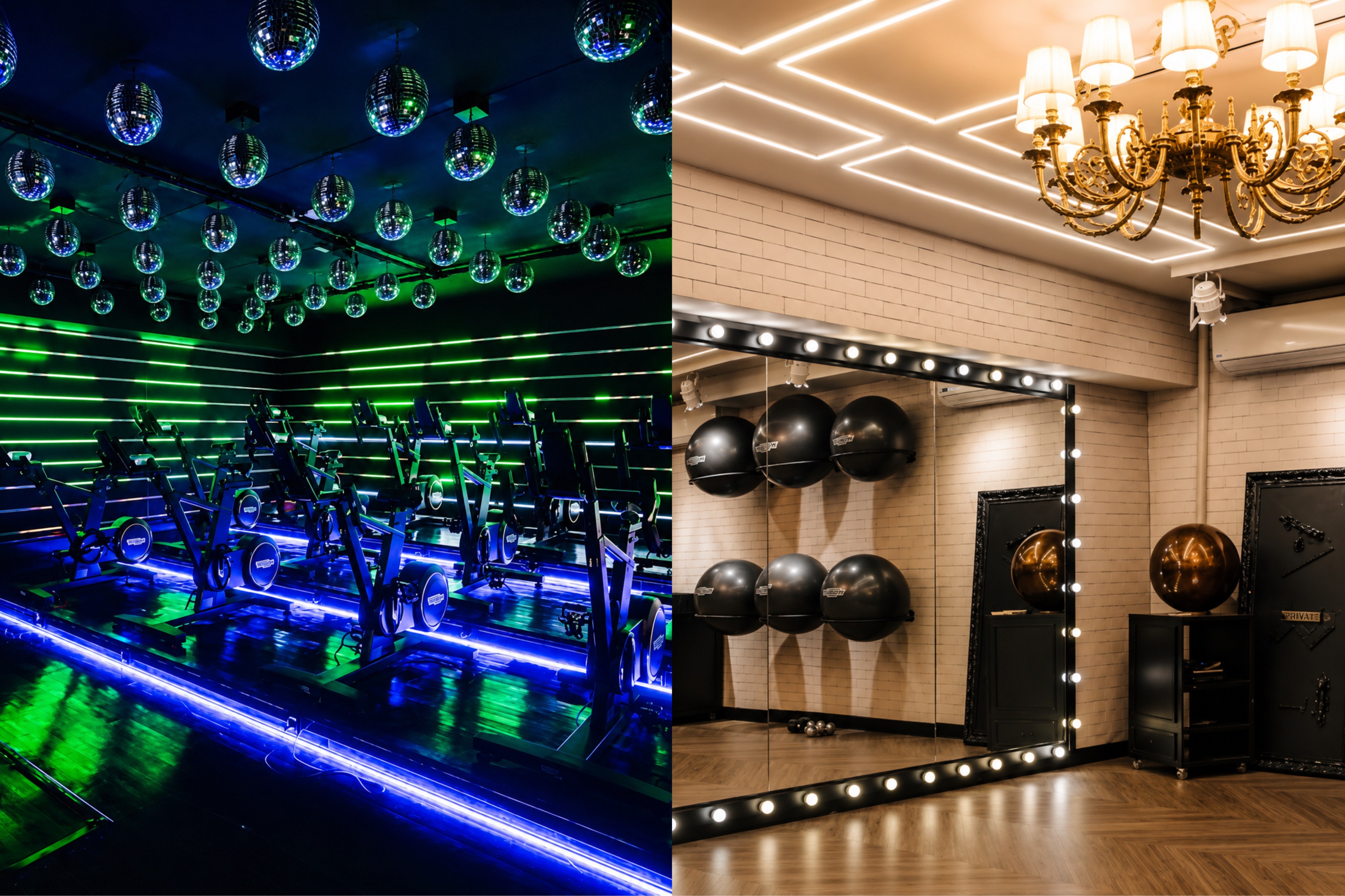 Duas salas de academia lado a lado. &Agrave; esquerda, uma sala escura com bicicletas ergom&eacute;tricas, iluminada por luzes neon verdes e azuis, e v&aacute;rios globos espelhados no teto. &Agrave; direita, uma sala clara com paredes de tijolos brancos, um espelho grande com l&acirc;mpadas nas bordas, bolas de gin&aacute;stica pretas e um lustre dourado no teto