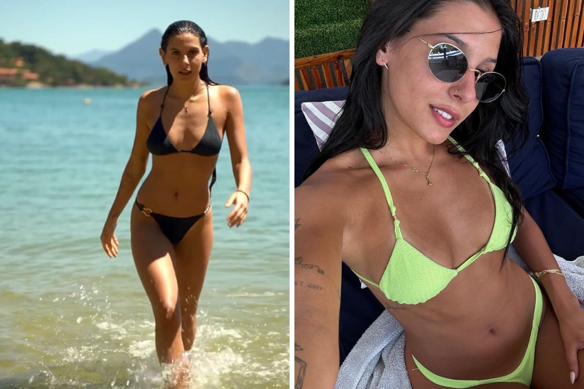Duas fotos lado a lado de uma mulher jovem de cabelo escuro e pele bronzeada. &Agrave; esquerda, ela caminha na &aacute;gua do mar, vestindo um biqu&iacute;ni preto, com montanhas ao fundo. &Agrave; direita, ela sorri para a c&acirc;mera, deitada em uma espregui&ccedil;adeira, usando um biqu&iacute;ni verde-lim&atilde;o e &oacute;culos de sol redondos