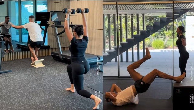Montagem de duas fotos: &agrave; esquerda, Georgina Rodr&iacute;guez agacha segurando halteres acima da cabe&ccedil;a, enquanto Cristiano Ronaldo se equilibra em uma plataforma. &Agrave; direita, Cristiano faz abdominal com as pernas elevadas, e Georgina est&aacute; de p&eacute;, ao fundo, com uma barra nos ombros